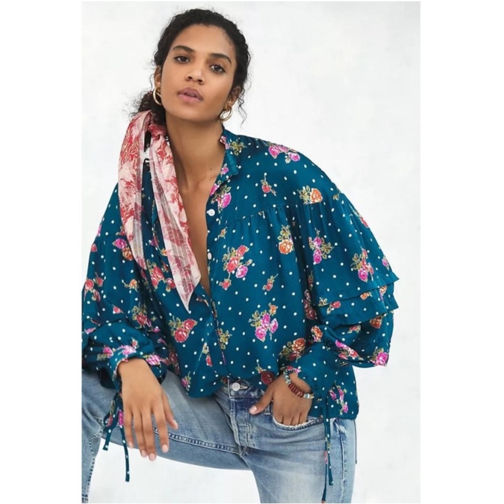 Anthropologie Wellesley Buttondown Blouse Teal Floral Long Sleeve Ruffle XS